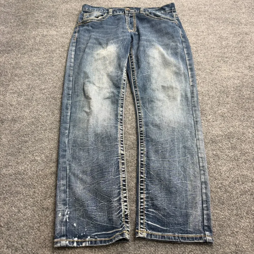 True Luck Jeans Men's 32x30 Medium Wash Straight Leg Distressed Denim Y2K
